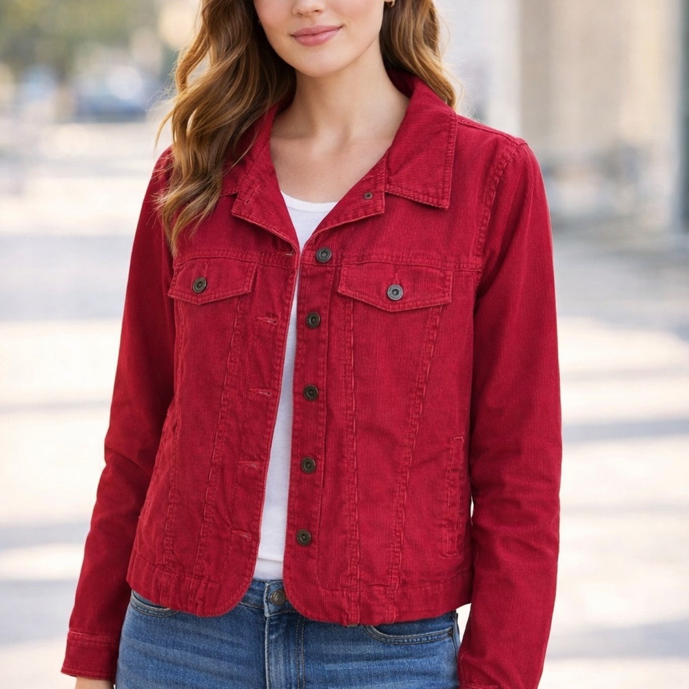 L.L. Bean Soft Corduroy Jacket Raspberry Red Button Front